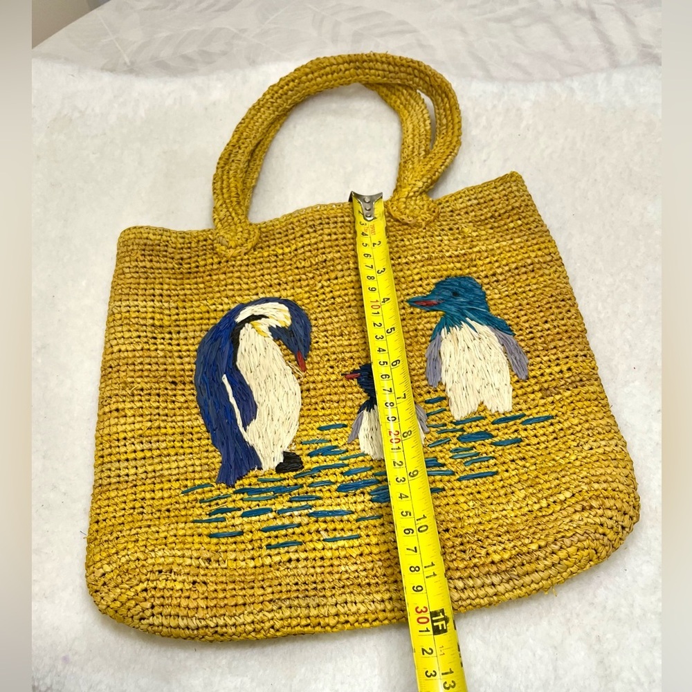 Handmade Raffia Crochet Shoulder Bag Penguin Embroidered Tote - Picture 8 of 11
